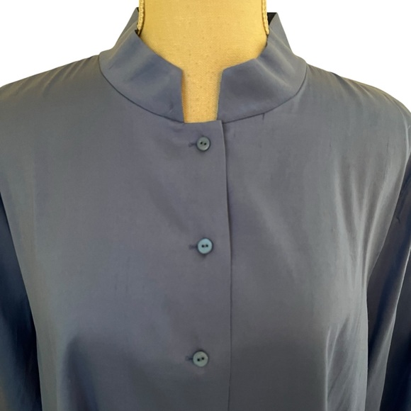 Eileen Fisher Blue Silk Mandarin Collar Tunic Blouse L - Picture 2 of 10